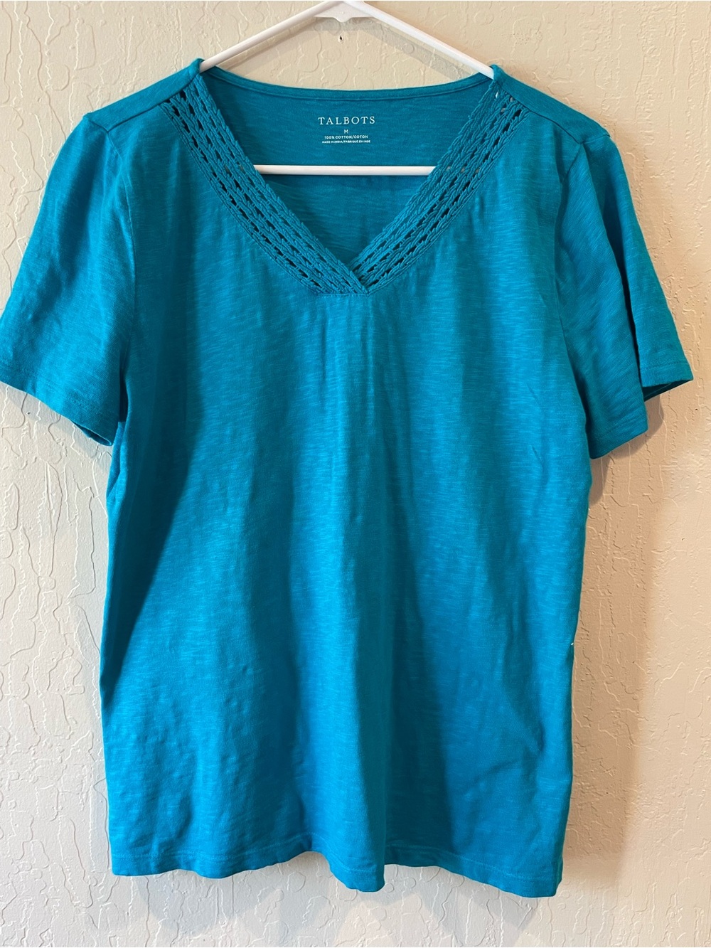 Talbots Blue Slub Cotton V-Neck Tee Crochet Trim Short Sleeve Top Women's M